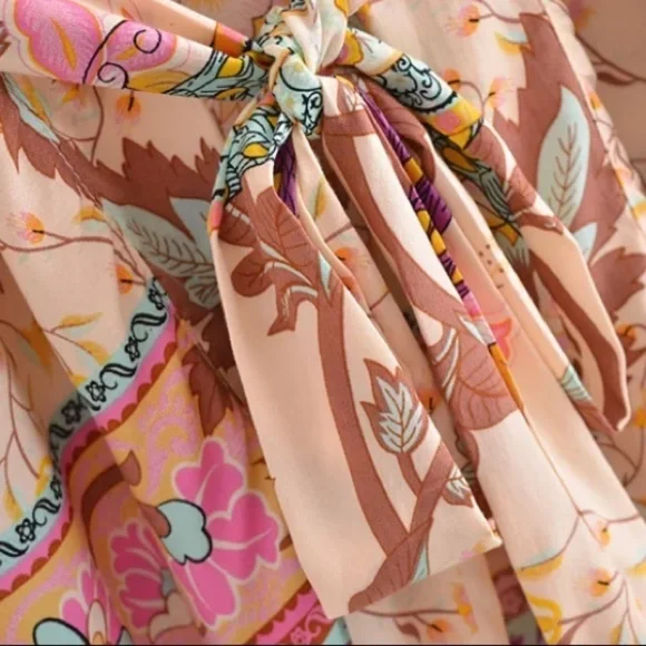 Beige Boho Multi Color Floral Peacock Short Kimono - Picture 7 of 10